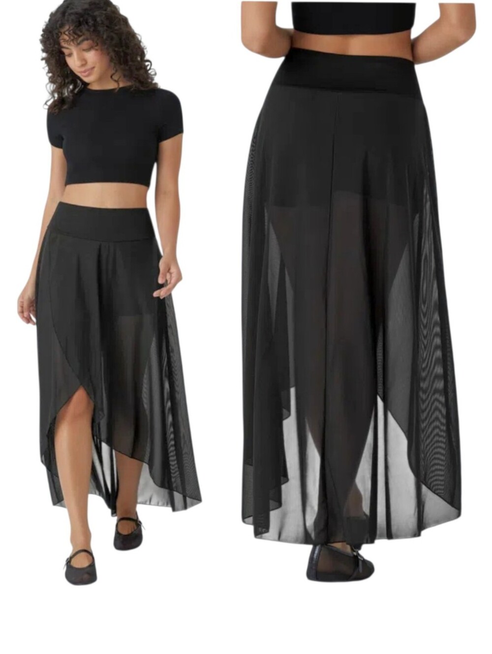 High Waisted High Low Ruffle 2-in-1 Pocket Flare Mesh Casual Regular Dress
